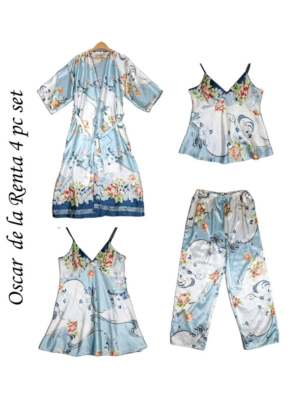 Oscar de la Renta Pink Label Floral Robe Nightgown Pants Set M Blue 90s Y2K Vtg